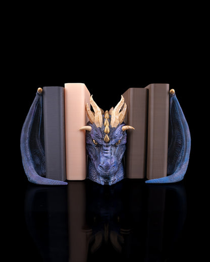Drachen-Buchstütze Gesamtansicht – 3 Teile, goldene Hörner