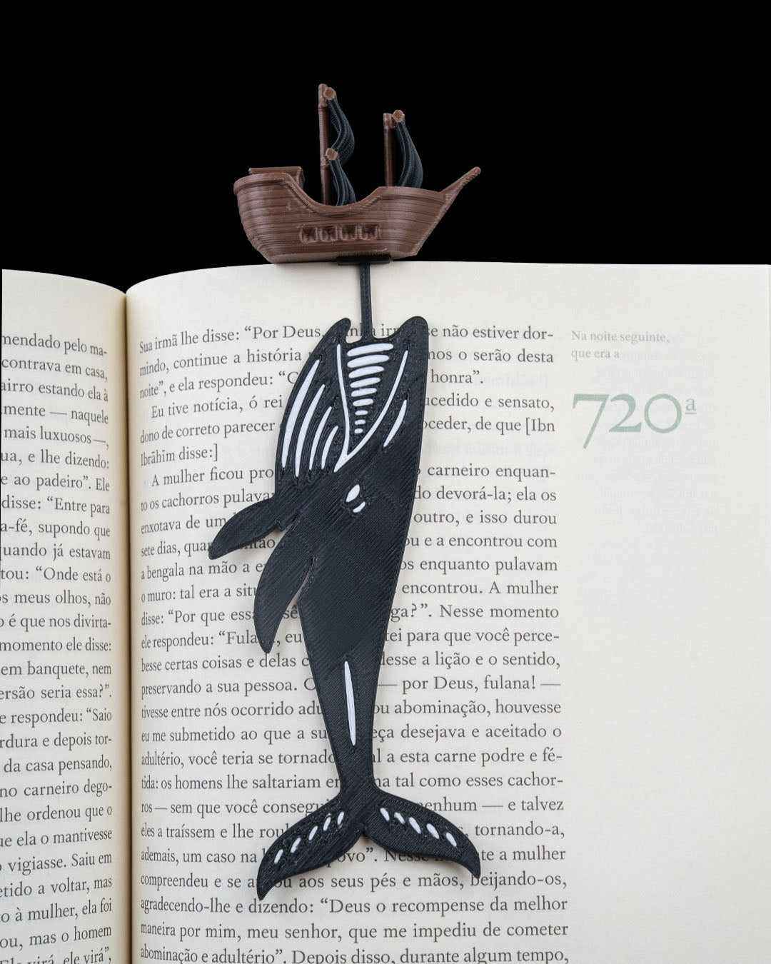 Lesezeichen Wal und Schiff – 3D-Druck Buchmarkierung, Wal schwarz Schiff braun