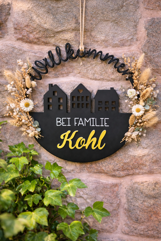 Personalisiertes Familien-Willkommensschild in Schwarz-Gold – 3D-Druck